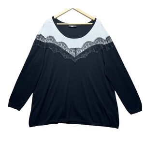 Lane Bryant Women Black‎ White Lace Trim Long Sleeve Sweater Top Plus Size 2XL